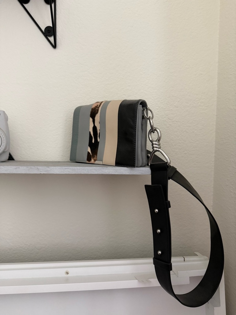 Striped Leather Crossbody with Cowhide Accent - Gray, Black, Beige